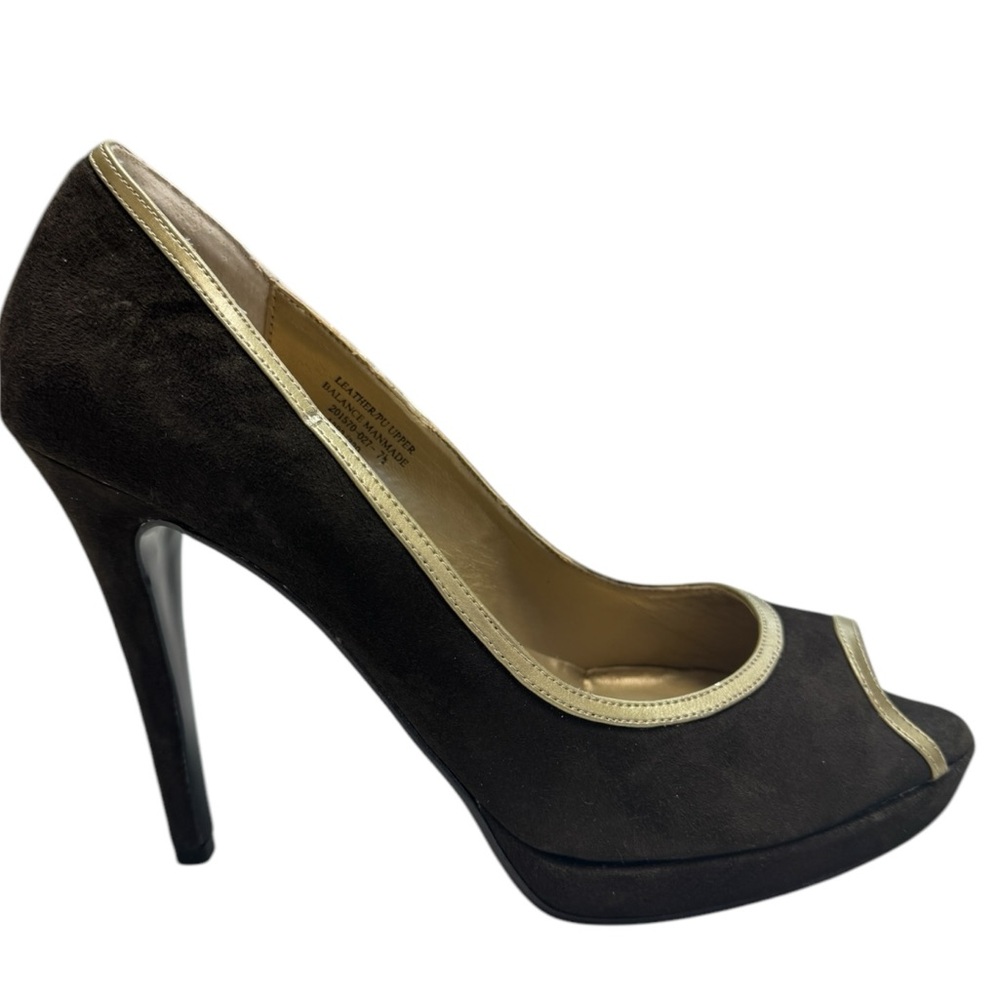 NWOB Colin Stuart Y2K Heels Brown Suede with Gold Peep Toe Women’s 7.5